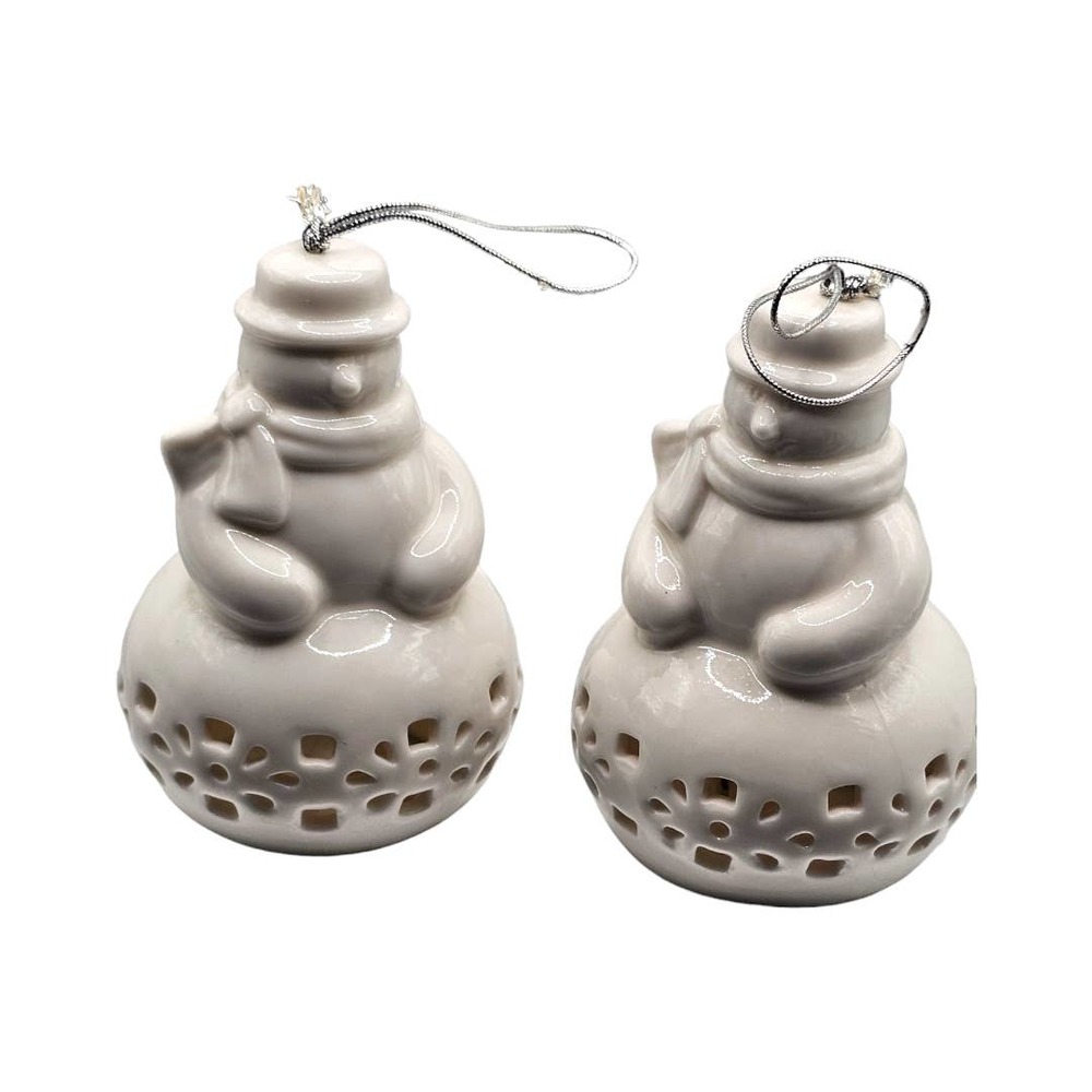 Set of Two Snowman Bell Christmas Ornament‎ Ceramic White
